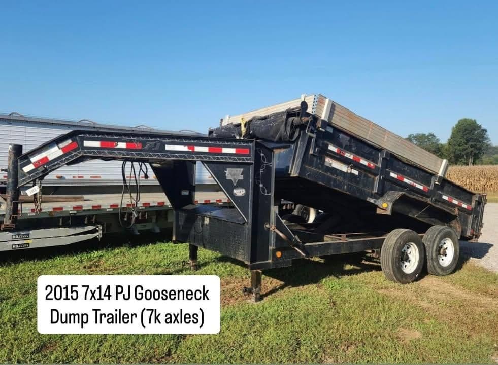 2015 PJ Gooseneck 7x14 Dump Trailer with 7k axles for heavy-duty hauling.
