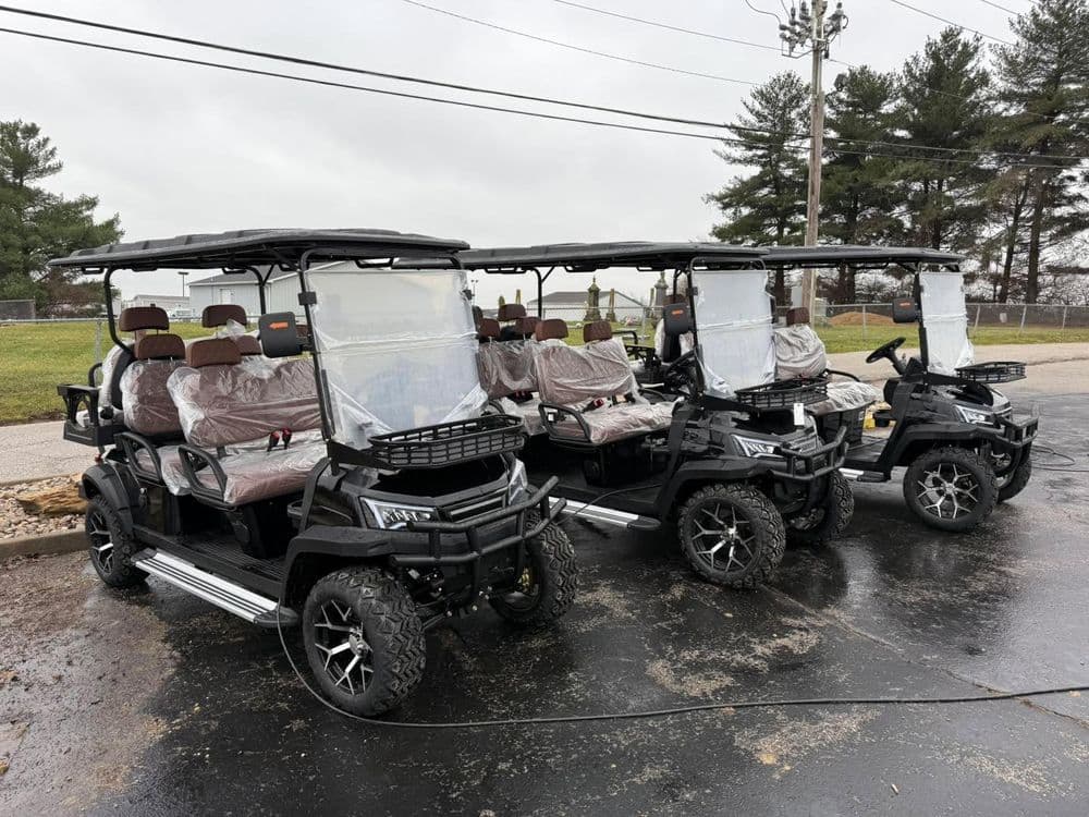 Row of all-terrain golf carts with protective covers parked under overcast sky.