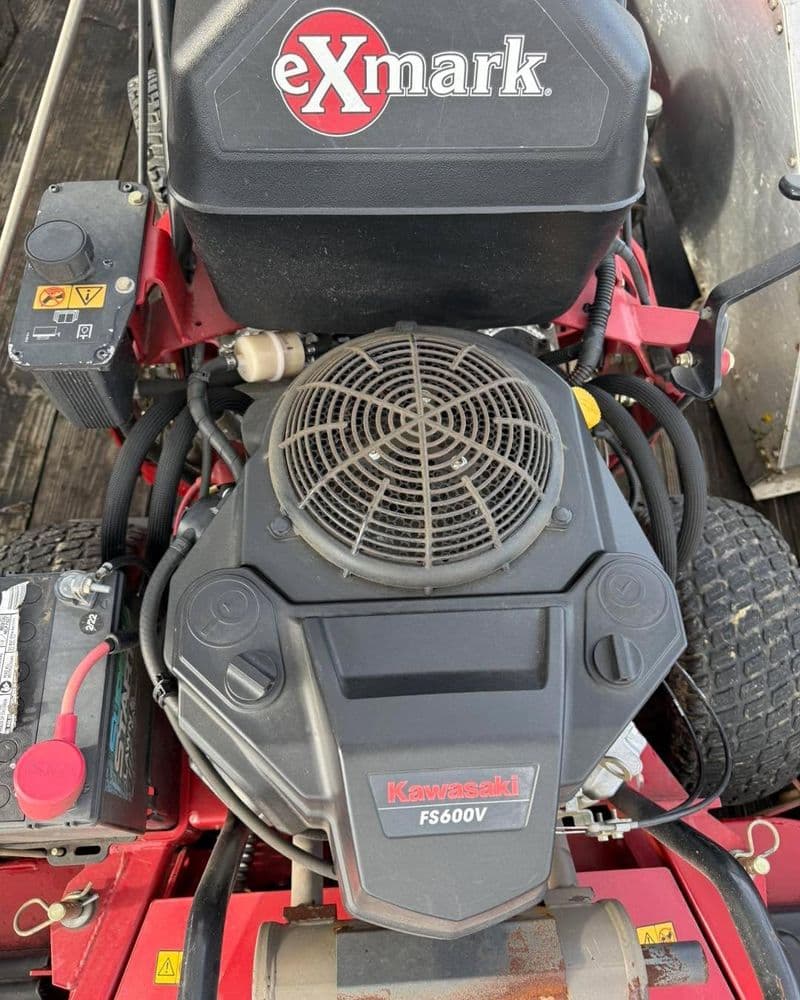 Exmark lawn mower engine with Kawasaki FS600V, showcasing detailed components and controls.
