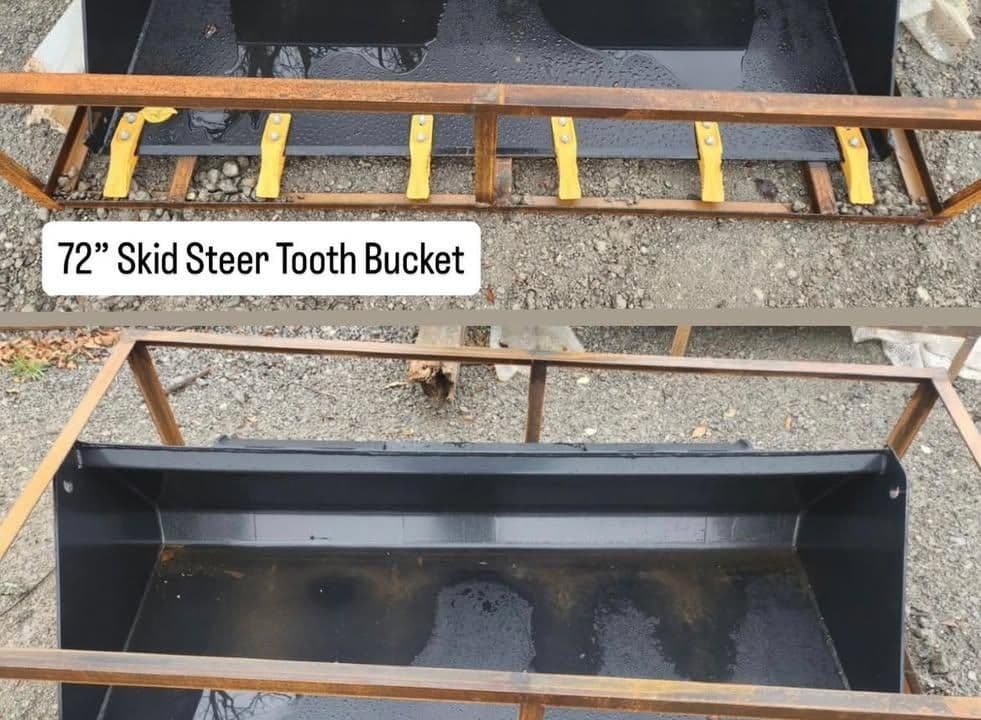 72-inch skid steer tooth bucket with yellow teeth, ideal for heavy-duty excavation tasks.